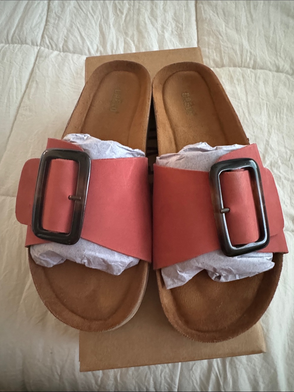 Crevo Coral Leather Slide Sandals with Dark Buckles